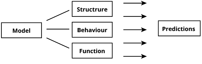 Diagram showing a model's structure, behaviour, and function feeding into predictions